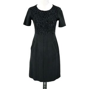 Lands End Dress Womens 4 Black Lace Bodice Stretch Knit Back Zip Pockets Career